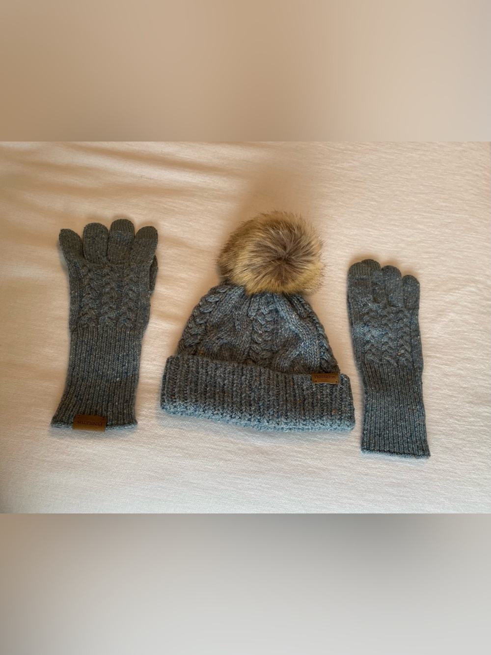 Pendleton Blue Cable Knit Beanie with Faux Fur Pom & Matching gloves